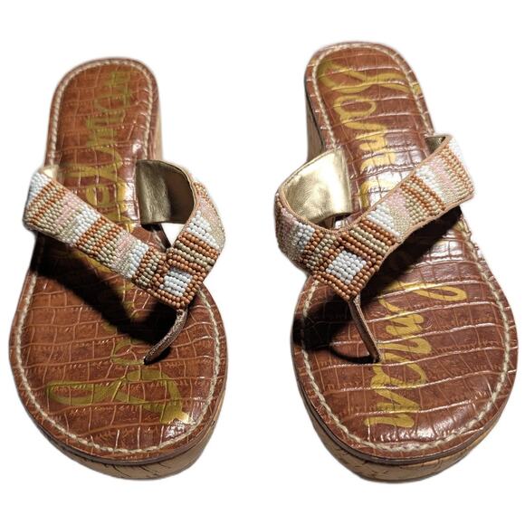 Sam Edelman Rosa Tribal Beaded Cork Platform Toe Post Thong Sandals Sz 7.5 - Picture 2 of 6